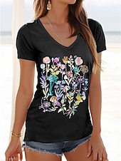 ieftine tricou floral-Pentru femei Tricou Floral Grafic Casual Manșon scurt În V Topuri obișnuite Zilnic Imprimeu Negru Vară Primăvară