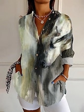 economico Top d&#039;Arte e Design per Donne-Per donna Camicia Ombre Grafico Tinta a nodi Casual Manica Lunga Colletto a Camicia Top Regolari Lavoro Quotidiano Bottoni Stampato Verde salvia Primavera Autunno Inverno
