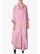 economico Camicie-Per donna Abito Midi Abito Camicia Abito in cotone e lino Moda Essenziale Classico Vacanza Ferie Uscire Vestibilità regolare Semplice Manica Lunga Colletto a Camicia Nero Bianco Verde chiaro Rosa