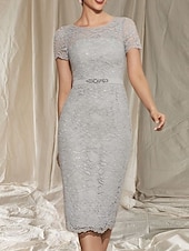 abordables Longueur du thé-Robe Deux Pièces Moulante  Colonne Mère de la Mariée Robe Invité de Mariage Élégante Col Ronde Longueur Thé Manches 3/4 avec Dentelle perles Robe Midi