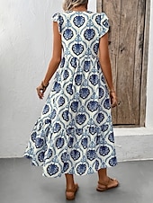 preiswerte Boho Kleider-Damen Maxikleid A-Linien-Kleid Fit and Flare Kleid Lässig Boho Urlaub Täglich Regelmäßige Passform Grafik Ärmellos V-Ausschnitt Blau Sommer