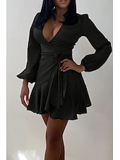 abordables Robes moulantes de soirée-Femmes Mini Robe Robe fourreau Élégant Mode Vacances Sortir Week-end Coupe régulière Uni manche longue Col en V Noir Rouge Été