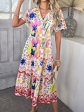 billiga Blommiga klänningar-Kvinnors Maxi Klänning A Linje Klänning Fit Och Flare Klänning Avslappnad Semester Daglig Regular Fit Grafisk Kort Ärmar V Hals Vit Gul Rosa Khaki Sommar