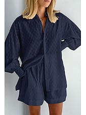 cheap Women’s Short Sets-Women&#039;s Active Basic Shirt Shorts Sets Long Sleeve Shirt Collar Solid Color Dubbele Rij Knopen Holiday Casual Daily Black White Yellow Summer Regular Fit
