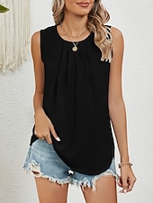 billige Tanks og camisole til kvinner-Dame Skjorte Bluse Helfarge Stilfull Fritid Ermeløs Crew-hals Vanlige topper Daglig Svart Hvit Rosa Vin Grønn Sommer Vår