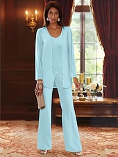 voordelige Broekpakken van mama-Strand Bruiloft Jumpsuit  Broekpak 3-delig Moeder van de Bruid Formele Bruiloft Gast Elegante V-Hals Vloerlengte Chiffon Kant Lange Mouw Jas met Apliques 2025