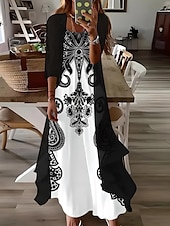 preiswerte Boho Kleid-Damen Maxikleid 2 Teile Kleid Set Sommerkleid Slip Kleid Urlaub Formal Boho Urlaub Lockere Passform Grafik Paisley 3/4 Ärmel Träger V-Ausschnitt Schwarz Sommer Frühling