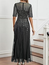 cheap Under $129.99-Dress Mother of the Bride Dress Elegant Party Black Dress Crew Neck Floor Length Polyester Half Sleeve with Sequin 2025