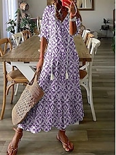tanie Sukienki boho-Damskie Długa sukienka sukienka maxi Sukienka Boho Sukienka z nadrukiem Sukienki Peplum Romantyczna Nowoczesny Bufka Codzienny Święto Plaża Luźna Graficzny Kwiat Rękaw 1/2 W serek Rumiany r