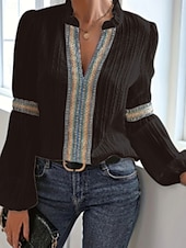 billige Boho t-skjorte-Kvinne Bluse Grafikk Elegant Søt Stilfull Lange Ermer V-Hals Vanlige Topper Daglig Ferie Patchwork Svart Himmelblå Grønn Aprikos Sommer Vår