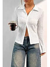 preiswerte Blusen-Damen Hemd Bluse Einfach Modern Lässig Langarm Hemdkragen Normale Oberteile Täglich Ferien Knöpfe Weiß Sommer