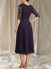 preiswerte Teelänge-A-Linie Brautmutterkleid Hochzeitsgast Elegante gewellte Ausschnitt Tee-Länge Chiffon Spitze Halbarm mit Spitze Perlen Midi Kleid 2025