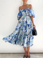levne květinové šaty-Ženské plus size maxi šaty A-linie šaty mléčná sláma šaty off the shoulder šaty s puff rukávy dovolená outdoor každodenní běžný střih jednobarevné krátký rukáv off shoulder žlutá světlá
