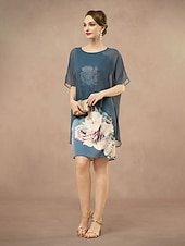 abordables Moins de 129,99 $-Robe Mère de la Mariée Colonne Sheath Élégante Col Ronde Longueur Thé Mousseline Satin Manches Courtes avec Fleur Couleur Unie Robe de Mariage Invité 2025