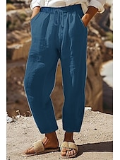 economico Pantaloni in lino e cotone semplici-Per donna Pantaloncini in cotone e lino Pantaloni ispirati al lino Pantaloni in cotone e lino Streetwear Casual Lunghezza intera Naturale Semplice Tasca Design con Coulisse Elastica Comodo All&#039;aperto