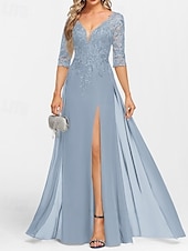 preiswerte Bodenlänge-A-Linie Brautmutterkleid Hochzeitsgast Elegant V Ausschnitt Bodenlang Chiffon Halbarm mit Applikationen Geteilter Vorderteil 2025