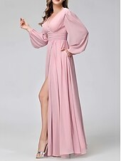 economico Abiti da damigella-abito da damigella a trapezio scollo a V manica lunga elegante lunghezza pavimento in chiffon con pieghe / spacco frontale / arricciatura 2025