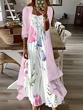 cheap Floral Dress-Women&#039;s Maxi Dress 2 Pieces Dress Set Sundress Summer Dress Slip Dress Vacation Formal Boho Vacation Loose Fit Floral Graphic 3/4 Length Sleeve Strap V Neck Pink Summer Spring