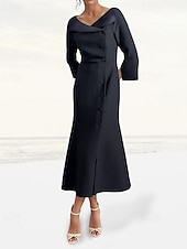 preiswerte Bodenlänge-Blazer Kleid A-Linie Brautmutter Smoking Kleid Elegant Vintage Einfach V-Ausschnitt Bodenlang Satin Crepe 3/4-Länge Ausgestellte Ärmel mit Schlitz Überzogene Knöpfe 2025