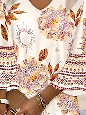 olcso Virágos ruhák-Női Mini Ruha A Vonalú Ruha Napernyős Ruha Ruffled Ruha Üdülés Hétköznapi Boho Üdülés Napi Kimenő Szabályos Fit Virágos Grafikai Trópusi 3/4 Hosszú Ujjú V Nyak Sárga Nyár Tavasz