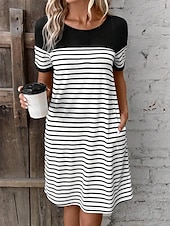 ieftine Rochii cu dungi și geometrice-Rochie Mini pentru Femei Rochie Tip Tricou Rochie Tip Shift Rochie de Vară Formală Vacanță Muncă Zile Zilnice Regular Fit Grafic Dungi Mâneci Scurte Gât Rotund Negru Vara Primăvară