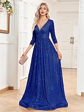 billiga Aftonklänningar-A-linjade Quinceanera Klänningar Elegant Klänning Bröllop Bröllop Gäst Golvlång 3/4 Lång Ärm V-hals Bomull med Strass