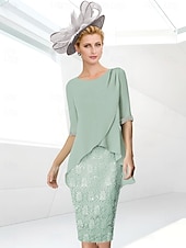 economico Lunghezza del tè-Abito Tubino da Spiaggia Madre della Sposa Elegante Collo Gioiello Lunghezza Ginocchio Sequin Chiffon Elasticizzato Manica Mezza con Ruches in Pizzo 2025 misura personalizzata gratuita