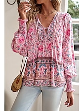 billige Blomstrete topper-Dame Skjorte Bluse Blomsternål i krystall Daglig Stilfull Fritid Langermet V-hals Vanlige topper Daglig Ferie Trykt mønster Rosa Navyblå Blå Aprikos Vår