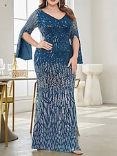 baratos AZUL-Vestido Plus Size Mãe da Noiva Vestido de Curvas Elegante Festa Decote em V Comprimento do Chão Spandex Manga Longa com Lantejoula 2025