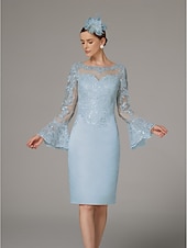 preiswerte Teelänge-Sheath Kleid Mutter der Braut Kleid Elegantes Vintage Luxuriös Juwelen-Hals Knie-Länge Satin Spitze Langarm Tee-Länge mit Applikationen