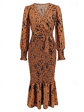 preiswerte abendkleider-Damen Midikleid Cocktailkleid Etui-Kleid Mode Urlaub Ferien Teegesellschaft Normale Passform Leopard Langarm V Ausschnitt Schwarz Khaki Aprikose Sommer