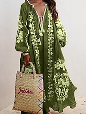 billiga Boho-klänning-Dam Midiklänning A linjeklänning Puffärmsklänning Semester Födelsedag Semester Fest Grafisk Långärmad V-hals Rubinrött Blå Himmelsblå Orange Vår Höst