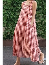 abordables Robes décontractées-robe midi femme robe décontractée mode classique moderne vacances quotidien sortie coupe classique à carreaux sans manches col carré noir jaune vert clair rose été
