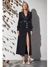 cheap Floor Length-Blazer Dress Mermaid / Trumpet Mother of the Bride Dress Tuxedo Dress Elegant High Split V Neck Floor Length Satin Lightweight Crepe Puff Sleeve Crystal Buttons with Slit