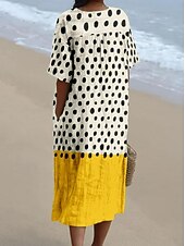 abordables Robes Rayés et Géométriques-Robe Midi Femme Robe de Plage Robe en A Robe en Lin Vacances Casual Plage lin comme Sortir Ajustement Lâche Graphique Géométrique À Manches Courtes Col en V Jaune Clair Jaune Foncé Jaune Été
