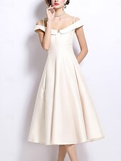 levne Koktejlové šaty-Šaty v A-linii pro večírky Elegantní šaty pro svatbu Svatební hosté Délka po čaj bez rukávů off-shoulder polyester bez zadního dílu s záhyby