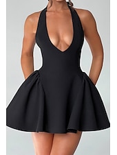 economico Vestiti aderenti-Per donna Mini Abito Abito da laurea Abito con Collo Allacciato Moda Laurea Data Uscire Vestibilità regolare Semplice Senza Maniche All&#039;americana Nero Estate