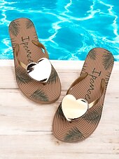 baratos Sandálias de Férias-chinelos femininos em formato de coração – sandálias de praia casuais douradas metálicas com estampa tropical para uso no verão, na piscina e nas férias