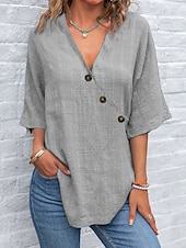 cheap Shirts-Women&#039;s Shirt Cotton Linen Shirts Plain Daily Casual Half Sleeve Butterfly Sleeve Crossover Collar Regular Tops Daily Patchwork Buttons Blue Purple Green Gray Summer Spring