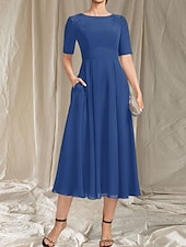 abordables Longueur du thé-Robe Mère de la Mariée A-Line Invité de Mariage Élégante Col Arrondi Longueur Thé Chiffon Manches Courtes avec Perles Appliques Robe Midi 2025