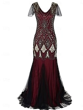 abordables Moins de 129,99 $-Robe Robe de Mère de Mariée  Élégant ancien Fête Col en V Longueur au sol Polyester Manche Courte avec Paillettes 2025
