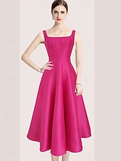 abordables Robes de cocktail-Robes de quinceanera en forme A Robe vintage Mariage invitée de mariage longueur thé sans manches col arrondi polyester dos nu avec plis