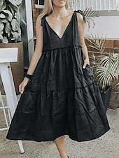preiswerte Weiße Freizeitkleider-Damen Midikleid Weißes Kleid Casual kleid Sommerkleid Elegant Modern Täglich Sommerkleid Lockere Passform Glatt Einfarbig Ärmellos Tiefes V Schnürkragen Schwarz Weiß Rote Sommer