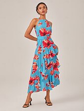 economico Abiti eleganti floreali-abito lungo in chiffon con volant floreale