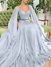 cheap GREEN-A-Line Evening Gown Elegant Dress Wedding Party Court Train Sleeveless V Neck Fall Wedding Guest Chiffon with Ruched