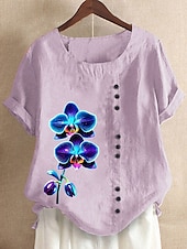 voordelige Overhemden-Dames 100% katoenen blouse bloemenprint vintage casual korte mouw ronde hals normale tops dagelijks uitgaan knopen print gras groen wit roze blauw paars zomer lente