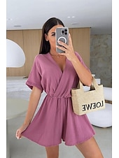 billige uformelle jumpsuits-Dame Sparkedrakter Fritid Helfarge Halvlange ermer T-skjorte V-hals Elastisk midje Høy Midje Daglig Normal Svart Hvit Rosa Sommer
