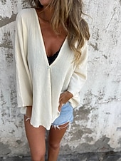 preiswerte Hemden-Damen Hemd Leinen-inspirierte Hemden Knopfleiste Bluse Einfach Basic Modern Langarm V Ausschnitt Normale Oberteile Täglich Ferien Knöpfe Schwarz Orange Braun Grün Beige Sommer