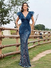 abordables Robes de Soirée-Robe de Quinceanera Sirène  Trompette Élégante Robe Mariage Mariée Invitée Longueur de Sol Sans Manches Col en V Spandex avec Sequins