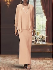 voordelige Met Jas-Twee delige sheath moeder van de bruid jurk formele bruiloft gast elegante scoop hals vloer lengte chiffon lange mouw omslag inbegrepen met effen kleur gratis op maat gemaakt